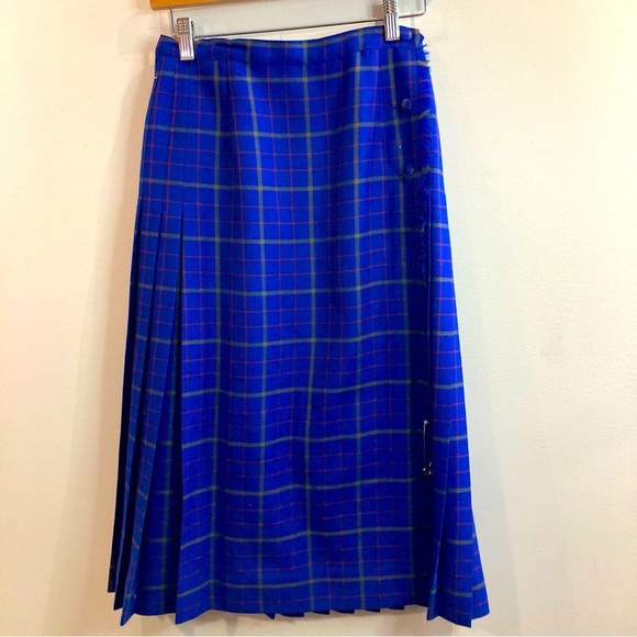 ALJEAN Sz 10 Pure Virgin Wool Side Opening Pleats Pin Unlined Plaid Tartan Skirt - Picture 1 of 8